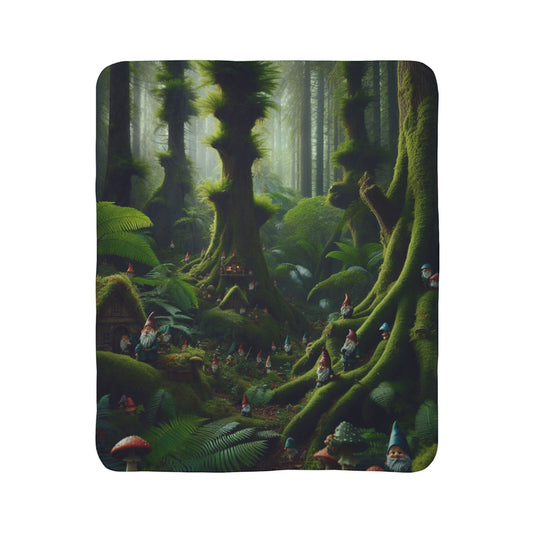 Gnome forest sherpa blanket by LuckeLadybug featuring detailed woodland gnome scene with tall mossy trees and mushrooms