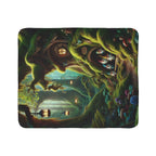 LuckeLadybug gnome forest sherpa blanket featuring a cozy enchanted forest scene with gnome houses and glowing lanterns