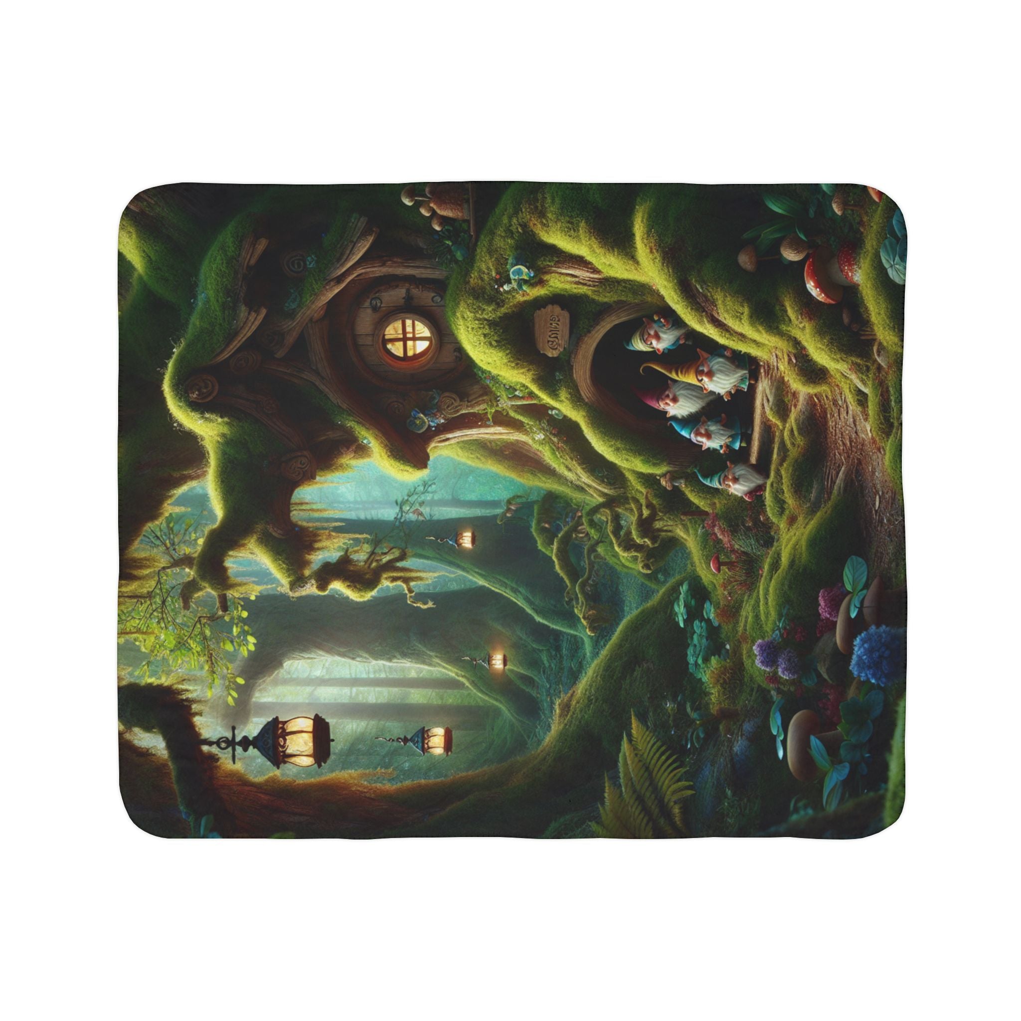 LuckeLadybug gnome forest sherpa blanket featuring a cozy enchanted forest scene with gnome houses and glowing lanterns