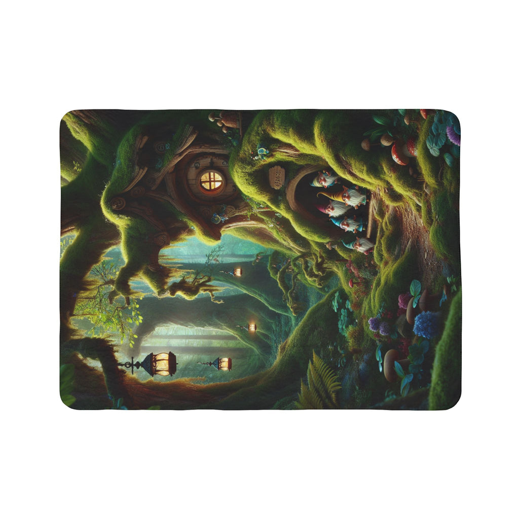 LuckeLadybug gnome forest sherpa blanket with whimsical tree house and glowing lanterns design