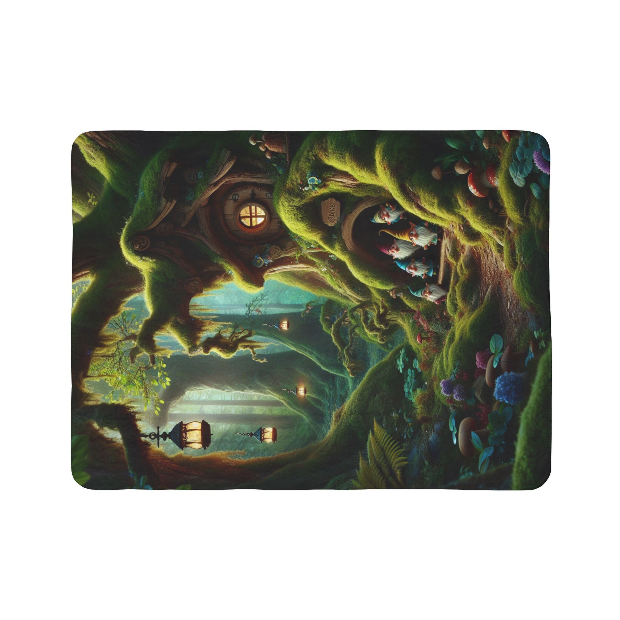 LuckeLadybug gnome forest sherpa blanket with whimsical tree house and glowing lanterns design