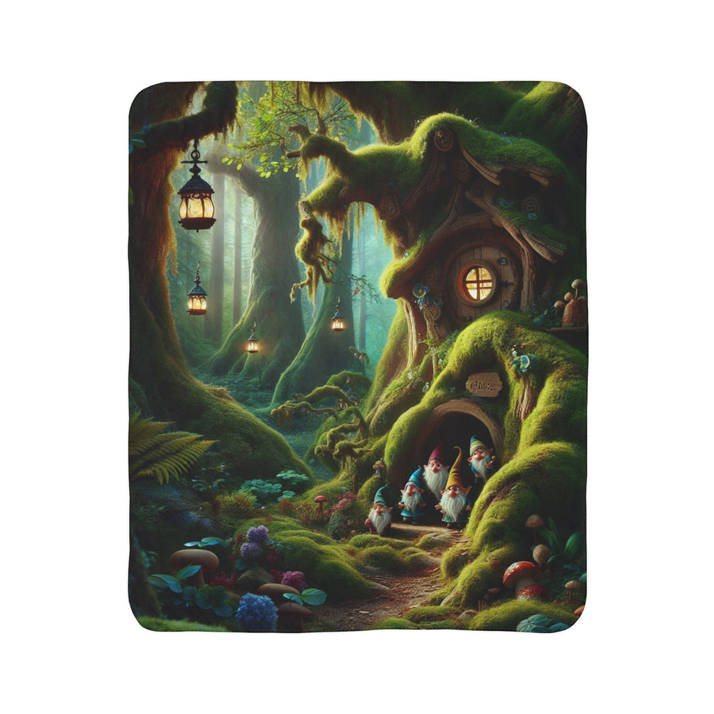 LuckeLadybug gnome forest sherpa blanket with whimsical gnome house and glowing lanterns in a magical forest