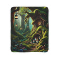 LuckeLadybug gnome forest sherpa blanket with whimsical gnome house and glowing lanterns in a magical forest