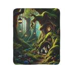 LuckeLadybug gnome forest sherpa blanket with whimsical gnome house and glowing lanterns in a magical forest