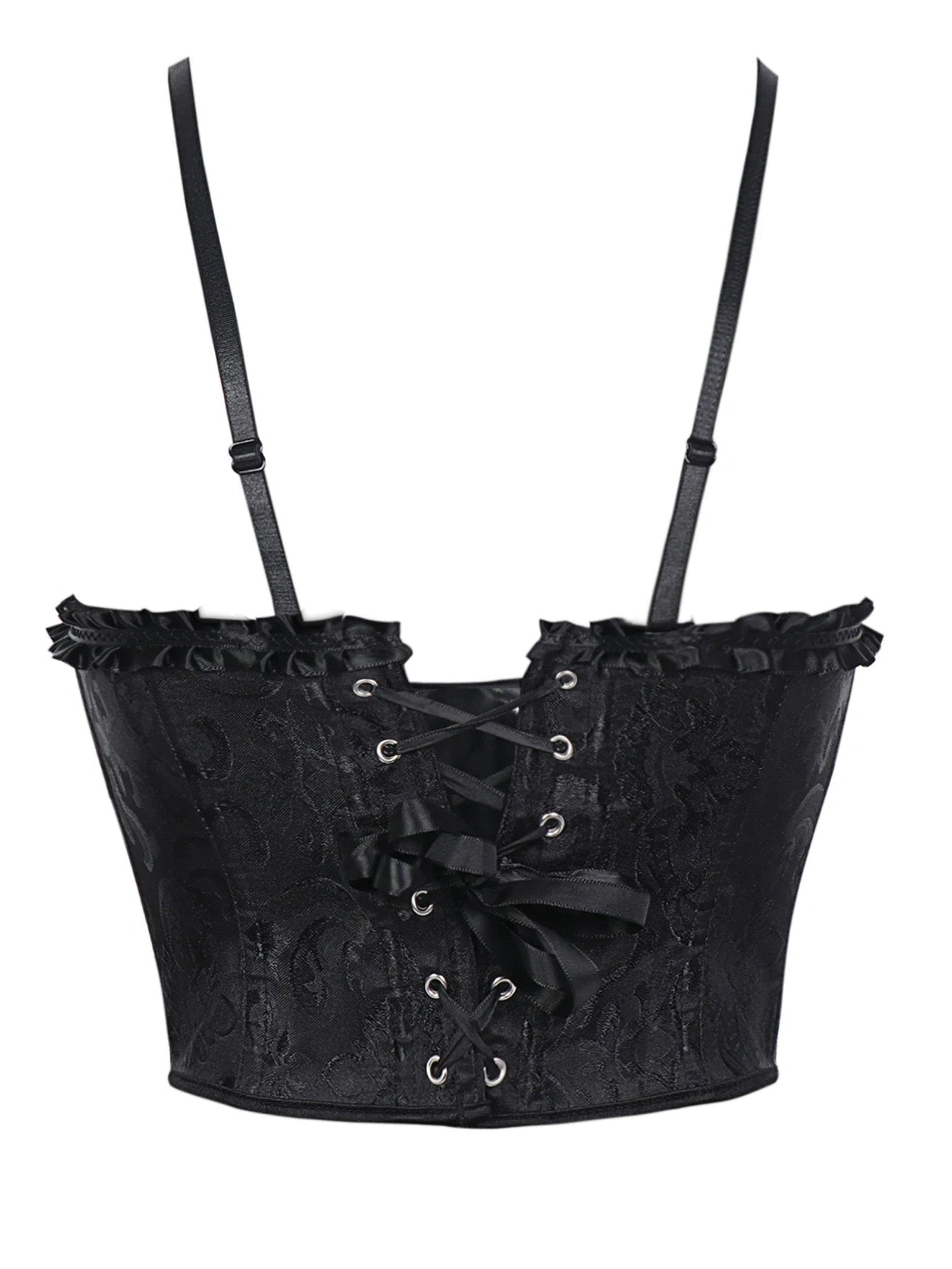 Black lace trim double halter corset with adjustable straps and ribbon bow detail