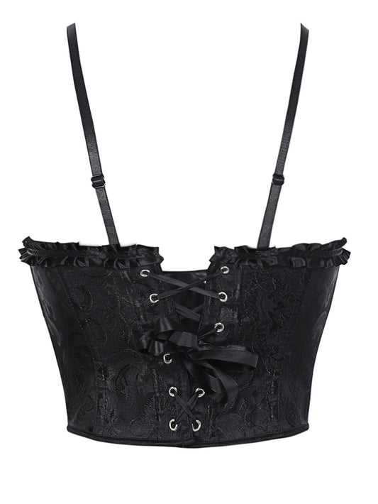 Black lace trim double halter corset with adjustable straps and ribbon bow detail