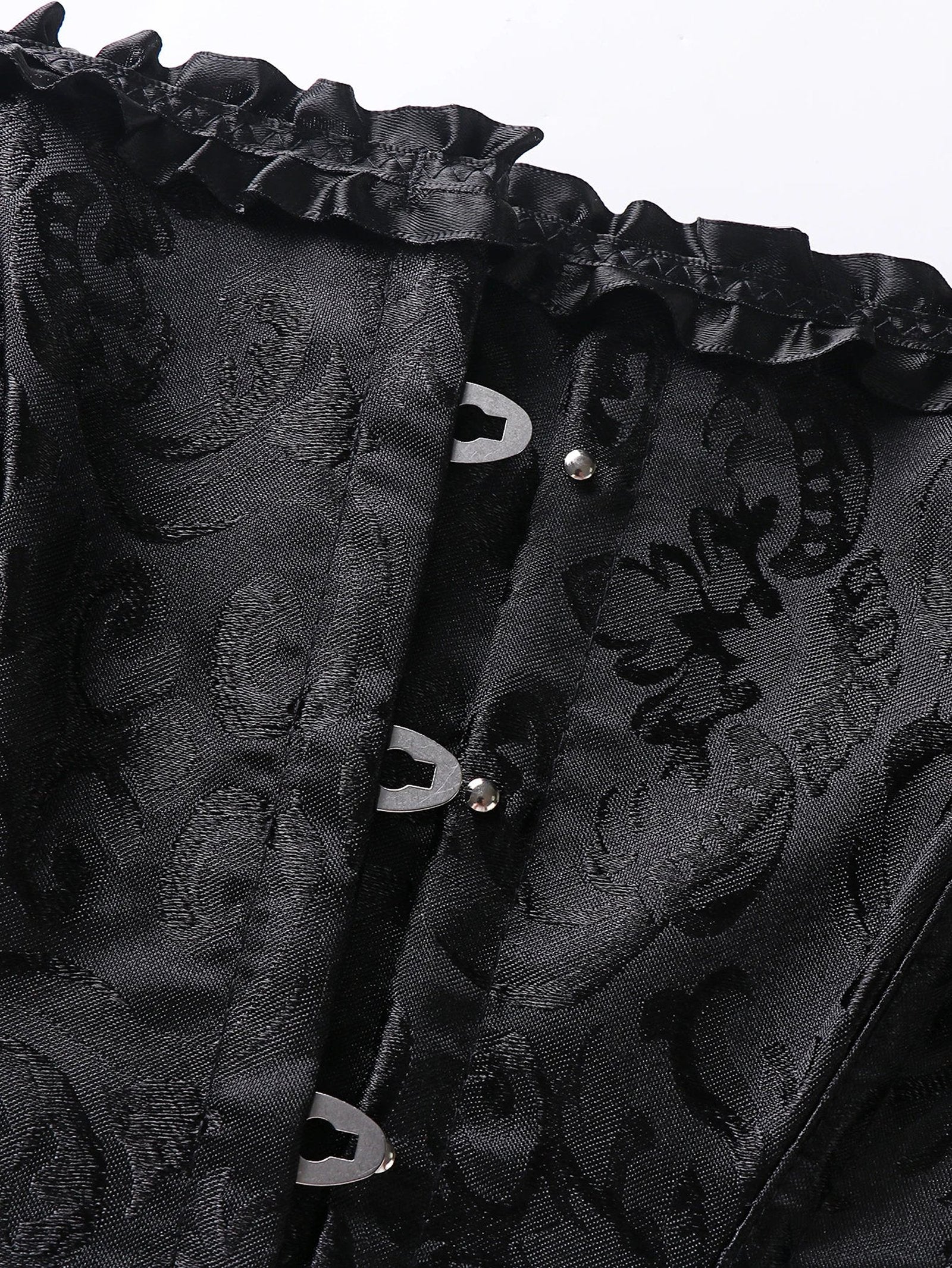 Lace trim double halter corset with decorative buttons and elegant black fabric by LuckeLadybug LLC