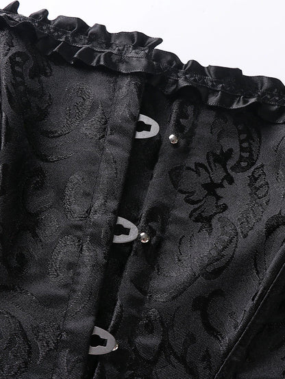 Lace trim double halter corset with decorative buttons and elegant black fabric by LuckeLadybug LLC