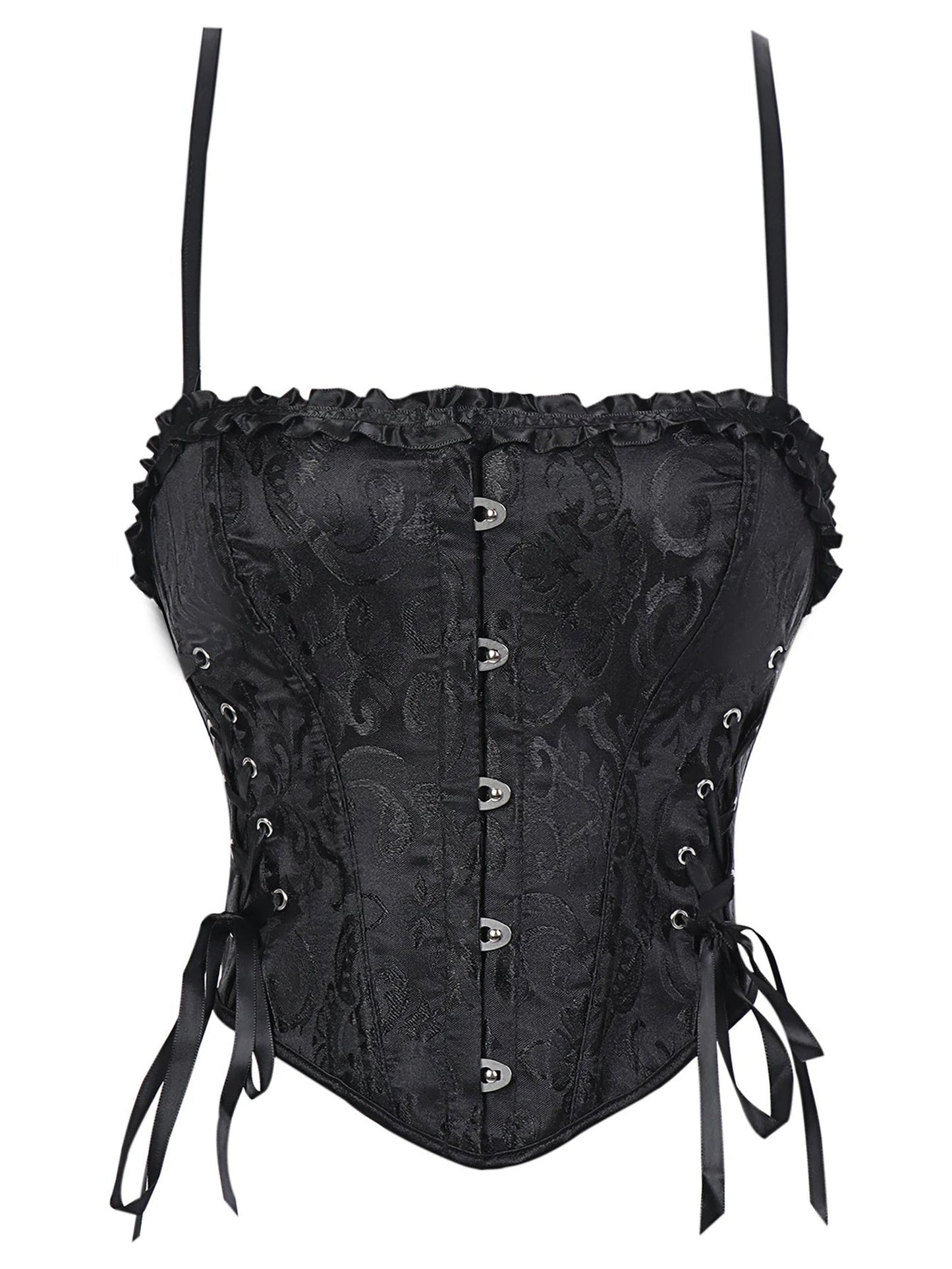 Black lace trim double halter corset with decorative buttons and lace-up sides