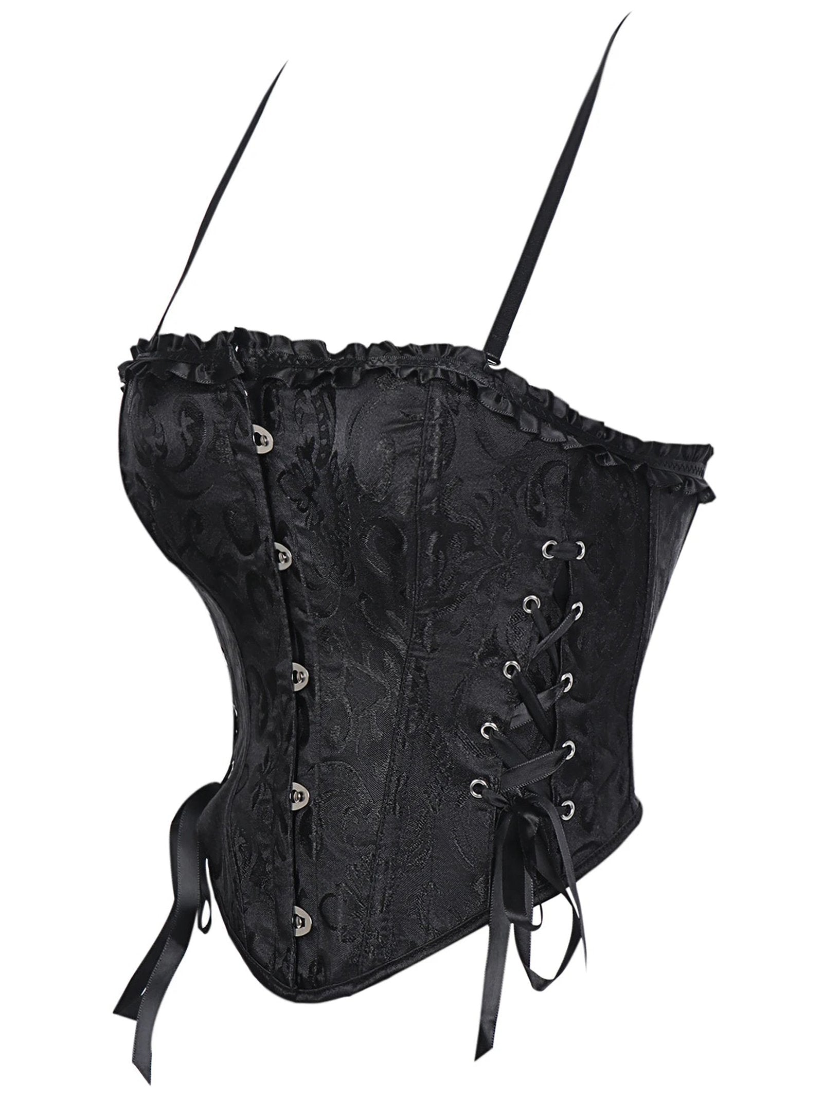 Black lace trim double halter corset with ornate design and lace-up back from LuckeLadybug LLC