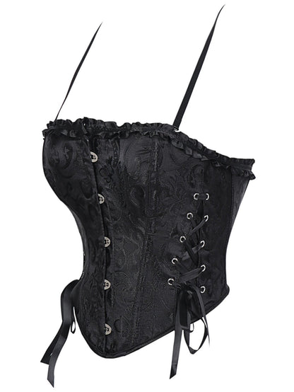 Black lace trim double halter corset with ornate design and lace-up back from LuckeLadybug LLC