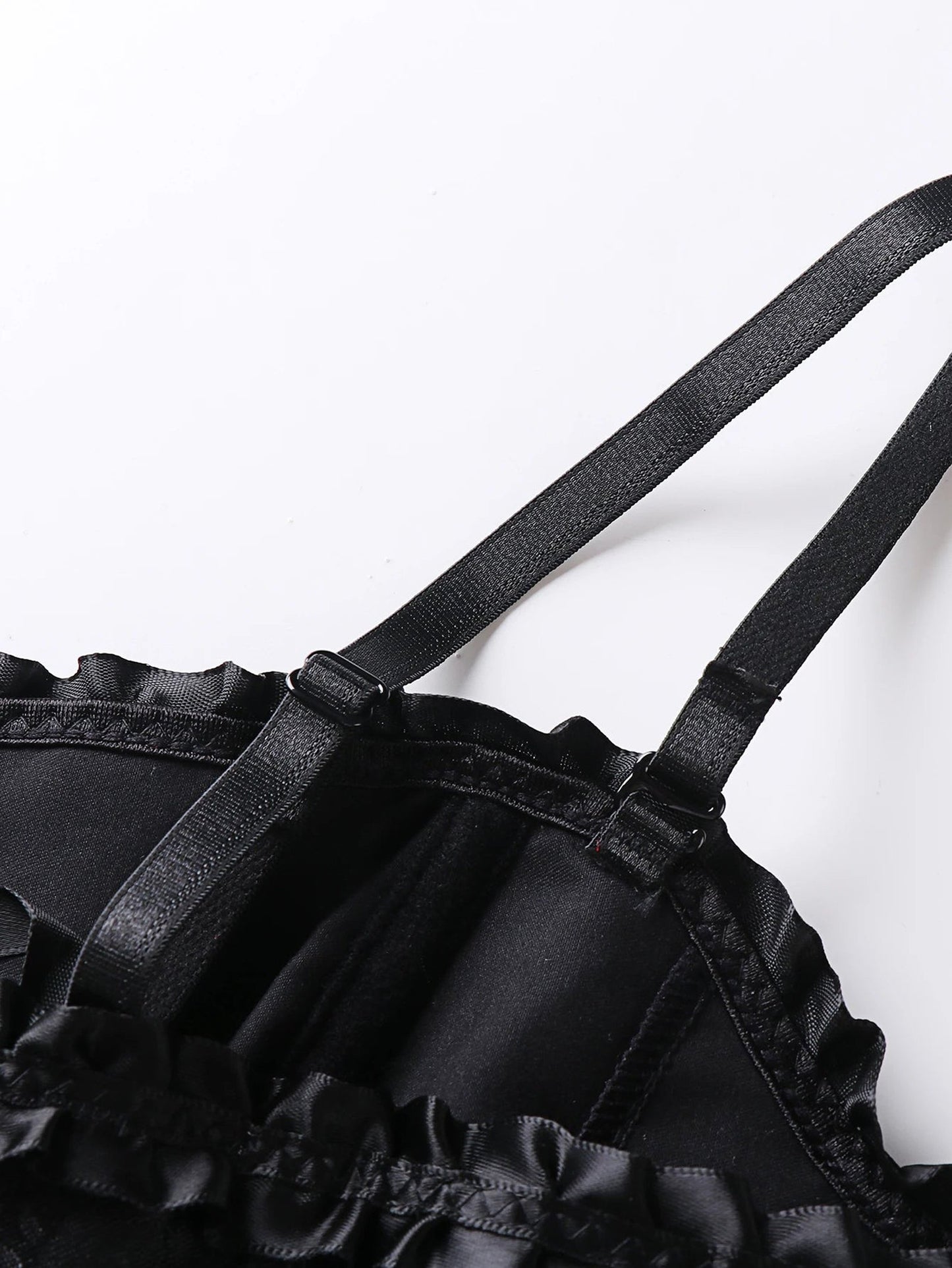 Elegant black lace trim double halter corset showcasing delicate details and adjustable straps