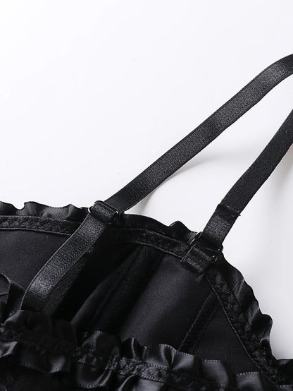 Elegant black lace trim double halter corset showcasing delicate details and adjustable straps