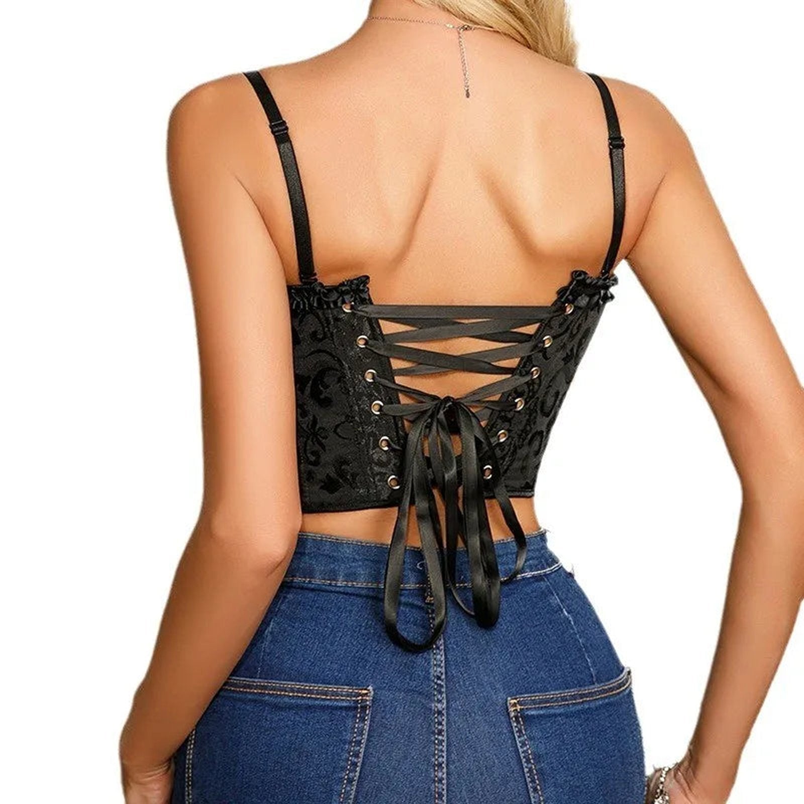Lace trim double halter corset by LuckeLadybug LLC with adjustable lace-up back for a perfect fit