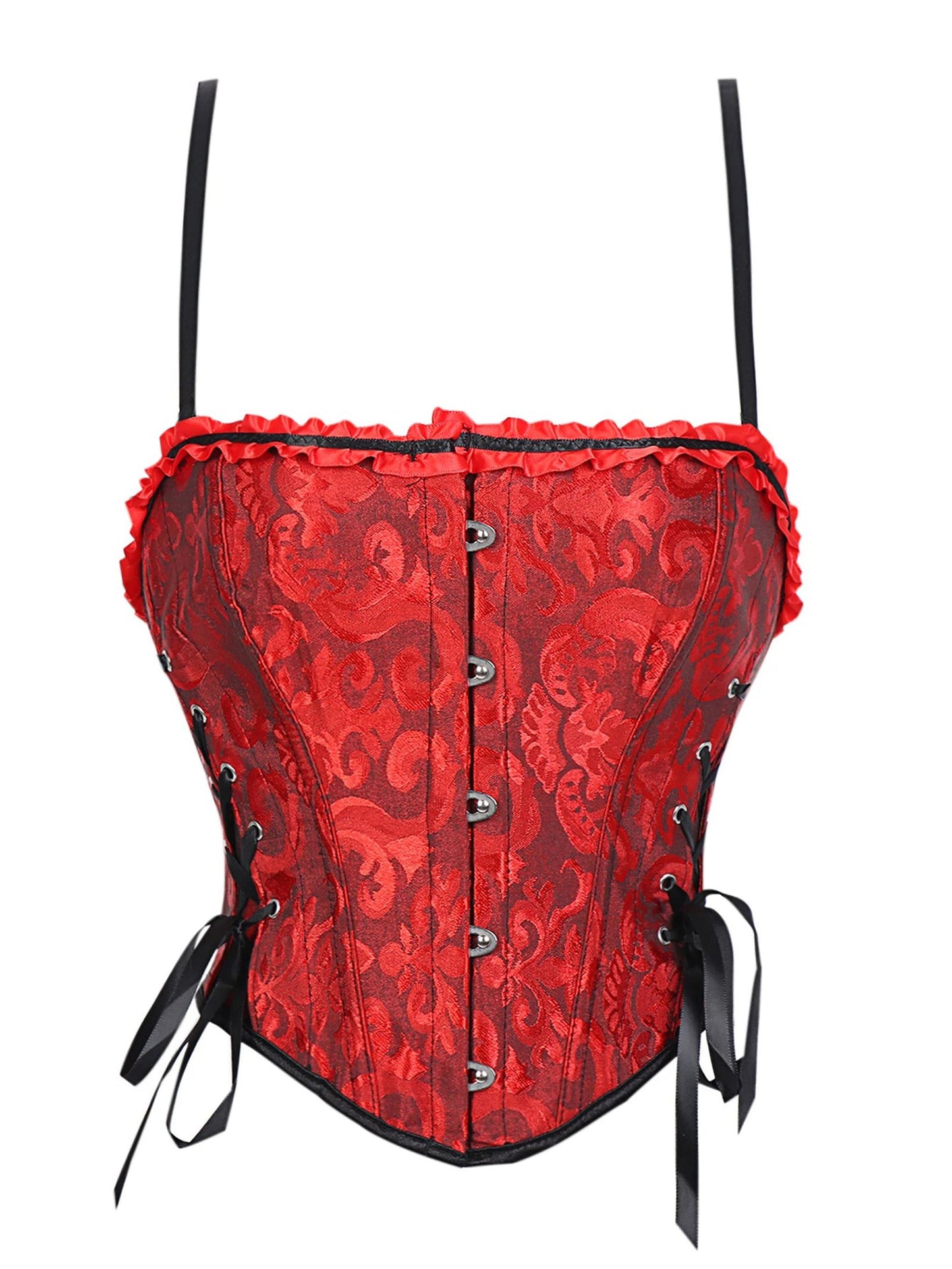 Red lace trim double halter corset with decorative ruffles and lace-up design