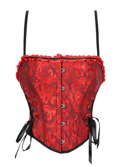 Red lace trim double halter corset with decorative ruffles and lace-up design