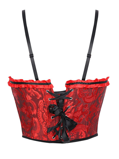 Lace trim double halter corset in red with black lace-up front and feminine ruffled edges