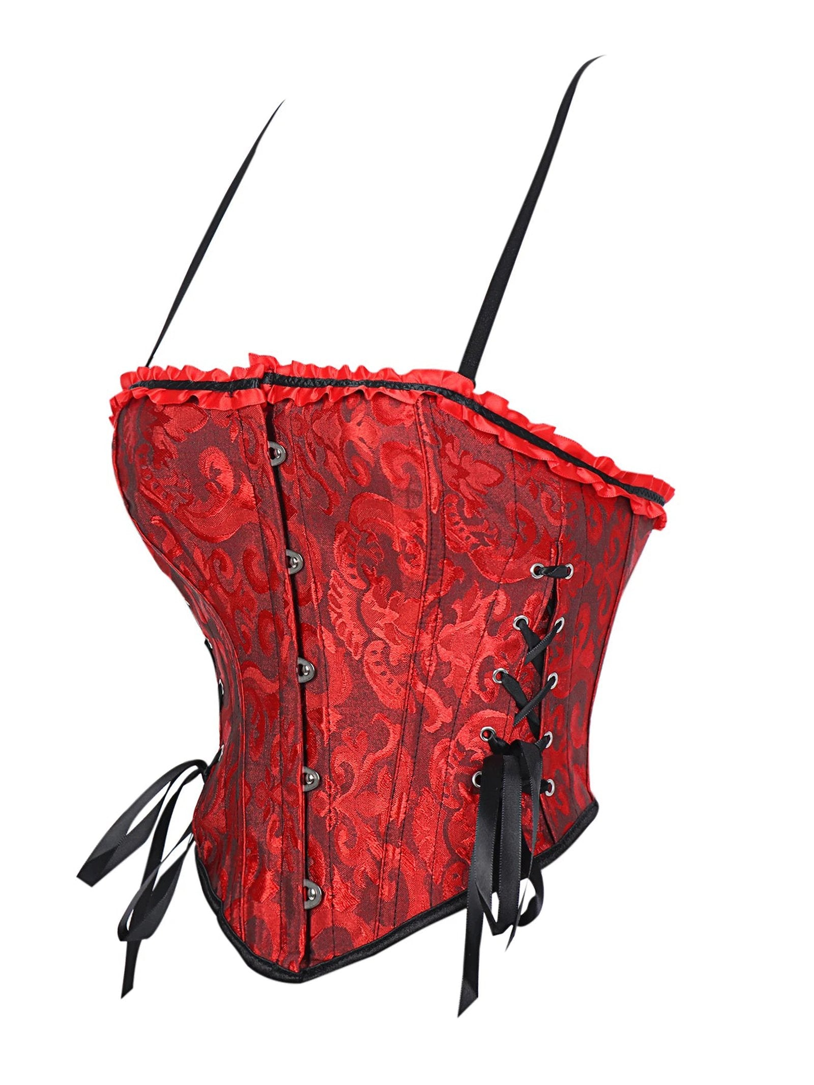 Red lace trim double halter corset with intricate patterns and adjustable straps from LuckeLadybug LLC