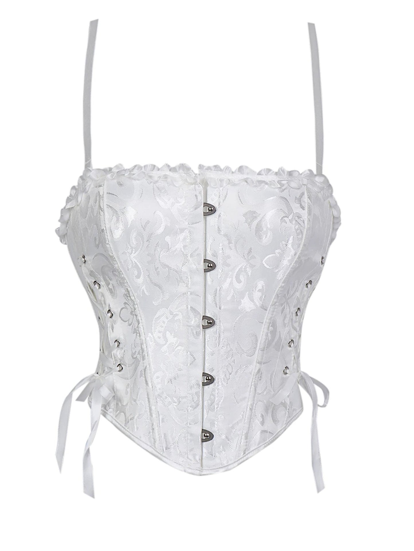 Elegant white lace trim double halter corset with decorative buttons and adjustable ties