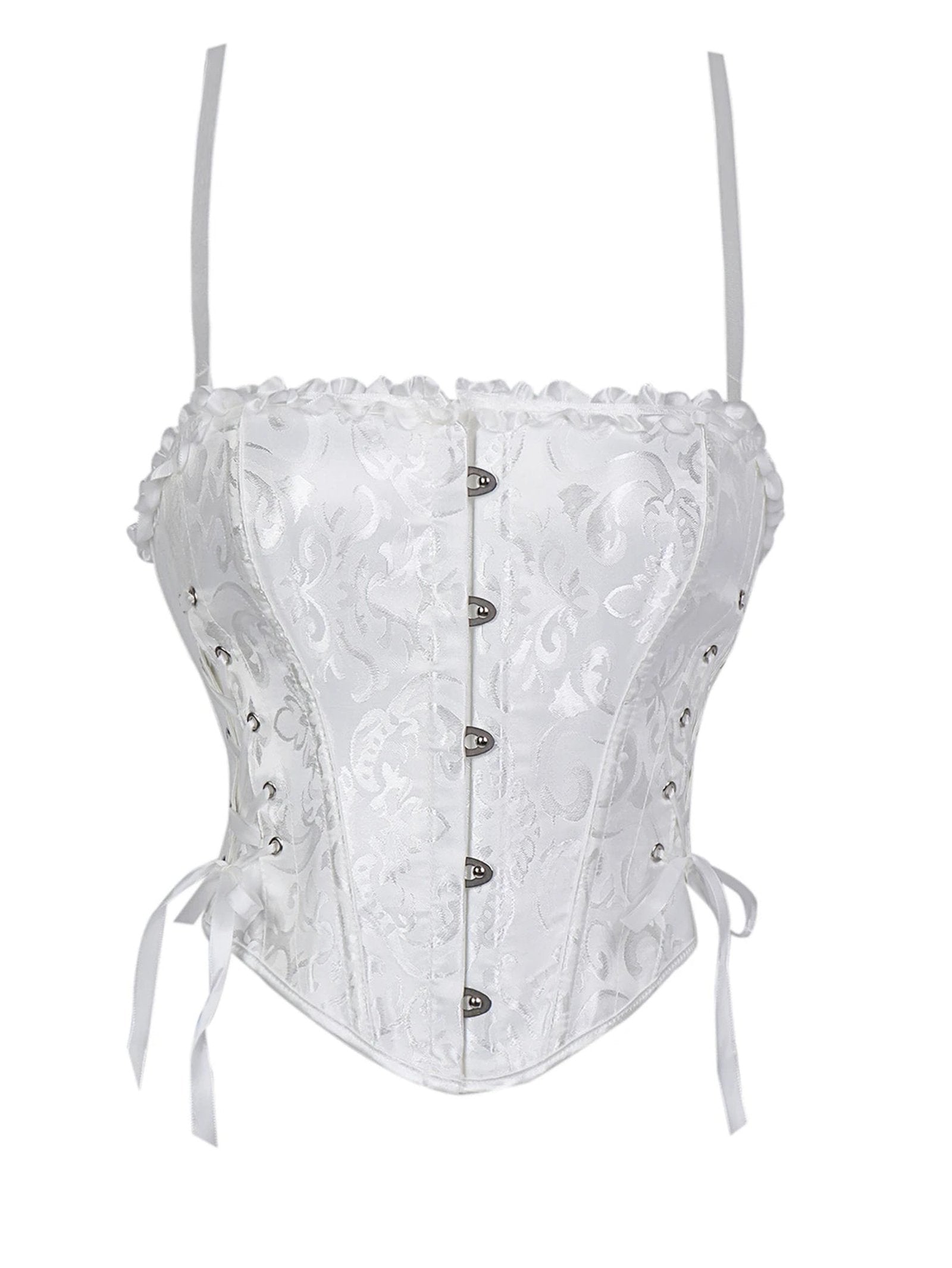 Elegant white lace trim double halter corset with decorative buttons and adjustable ties