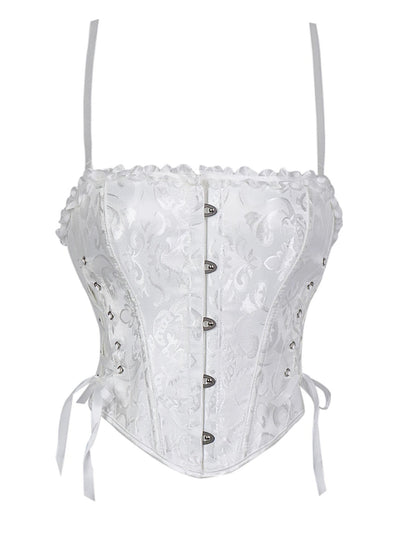 Elegant white lace trim double halter corset with decorative buttons and adjustable ties