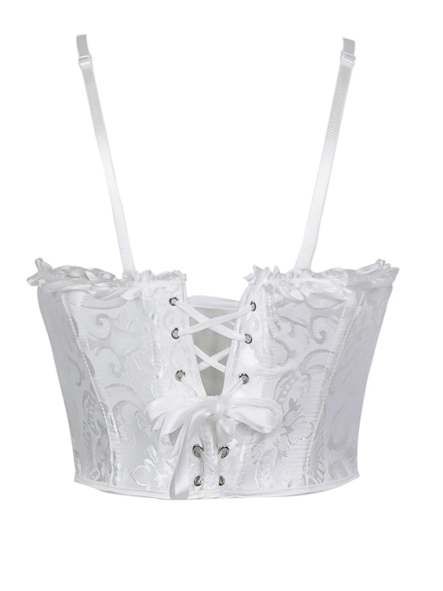 Elegant lace trim double halter corset by LuckeLadybug LLC with intricate detailing and adjustable straps