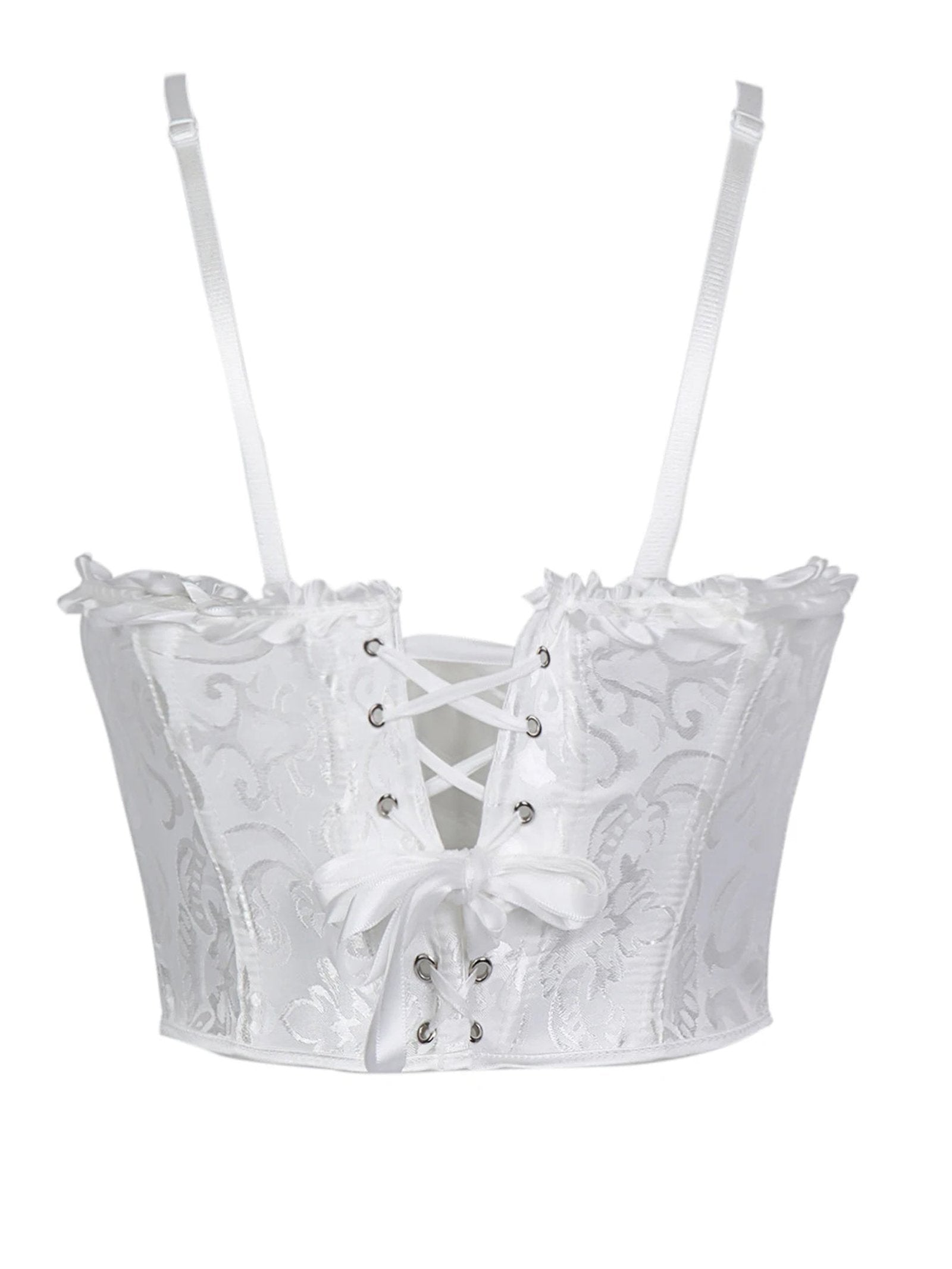 Elegant lace trim double halter corset by LuckeLadybug LLC with intricate detailing and adjustable straps