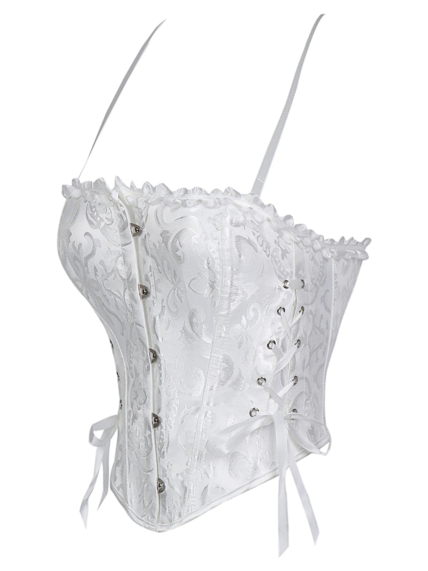 Elegant white lace trim double halter corset with button and lace-up details by LuckeLadybug LLC