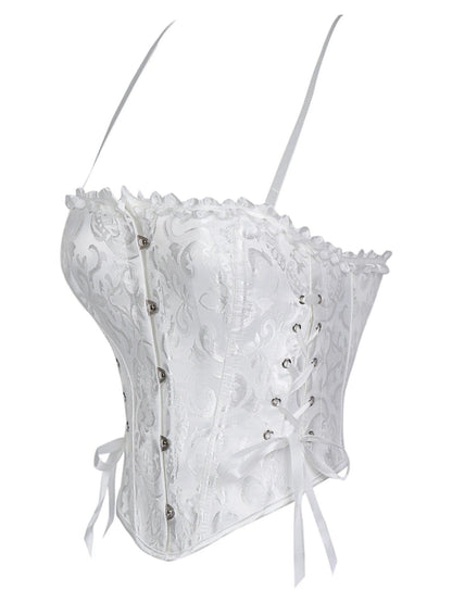 Elegant white lace trim double halter corset with button and lace-up details by LuckeLadybug LLC