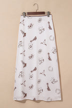 Beige Western Print Satin Long Skirt