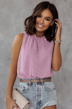 Pink Swiss Dot Sleeveless Ruffle Tank