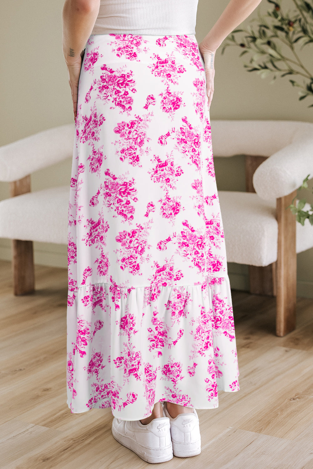 Sky Blue Boho Floral High Waist Ruffle Split Maxi Skirt