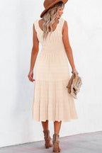 LuckeLadybug LLC Fit & Flare Midi Dress in Beige with Ruffled Straps and a Tiered Skirt