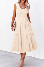LuckeLadybug LLC Women's Beige Fit & Flare Midi Dress with Ruffled Neckline and Pockets