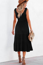 Black Fit & Flare Midi Dress from LuckeLadybug LLC with Ruffled Sleeves and Flowy Design