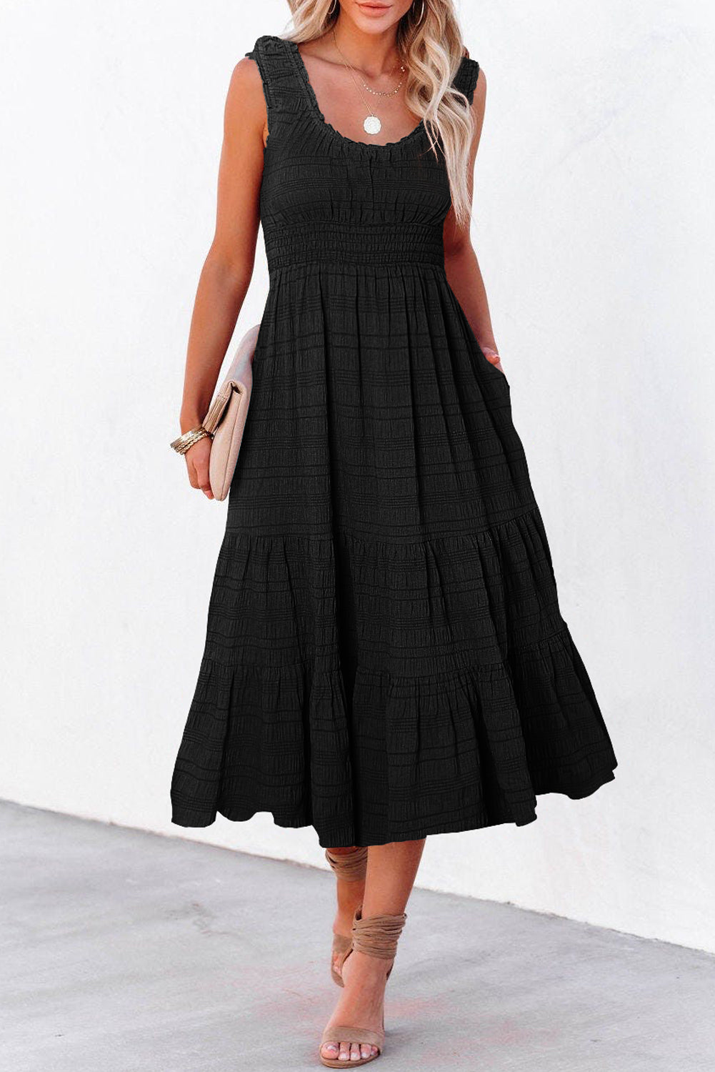 Black midi dress by LuckeLadybug LLC featuring a fit and flare design with pockets