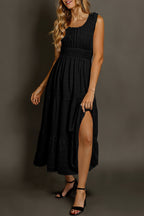 LuckeLadybug LLC Fit & Flare Midi Dress in Black with Side Slit and Tiered Design
