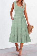 LuckeLadybug LLC Midi Dress in Green with Smocked Top and Tiered Skirt for Comfortable Summer Wear
