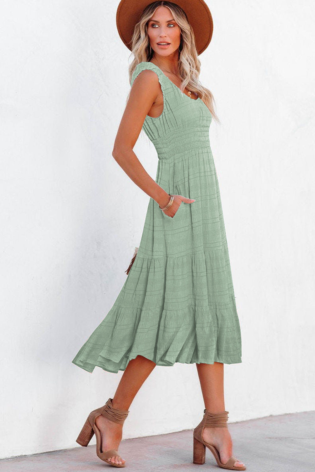 LuckeLadybug LLC Fit & Flare Midi Dress in Sage Green with Pockets and Flowy Skirt