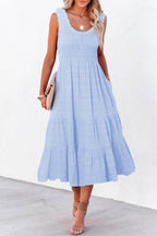 LuckeLadybug LLC Light Blue Fit and Flare Midi Dress with Ruffled Sleeves and Pockets