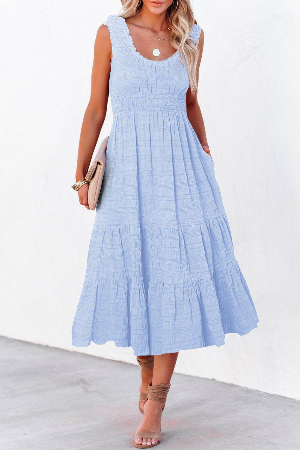 LuckeLadybug LLC Light Blue Fit and Flare Midi Dress with Ruffled Sleeves and Pockets