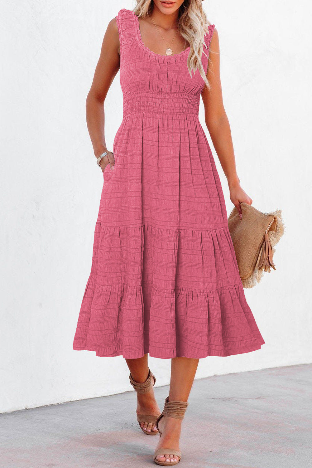 Pink LuckeLadybug LLC midi dress with a fit and flare design and pockets for a stylish look
