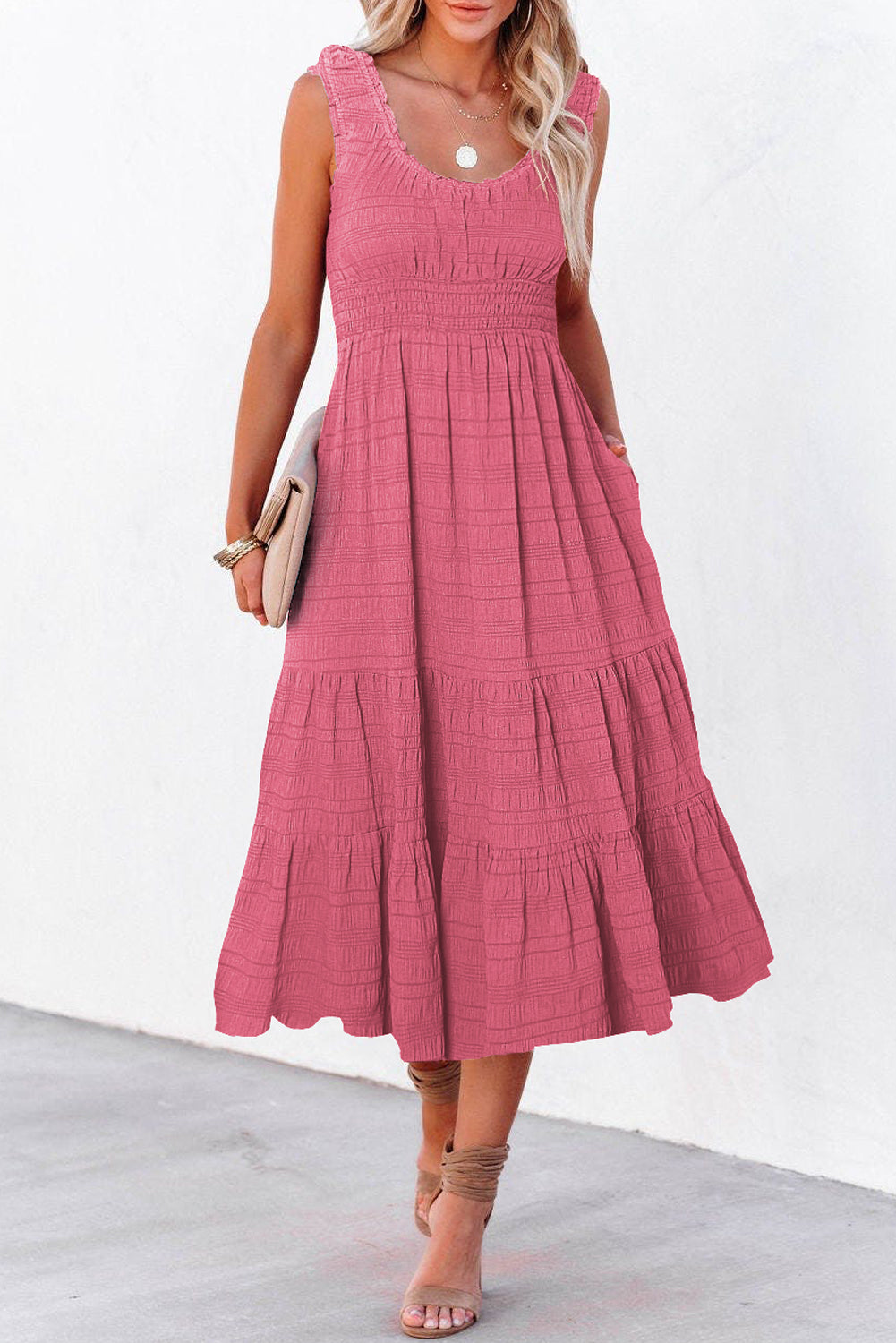 LuckeLadybug LLC Fit & Flare midi dress in pink with tiered ruffle design and pockets