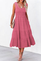 LuckeLadybug LLC Fit & Flare midi dress in pink with tiered ruffle design and pockets