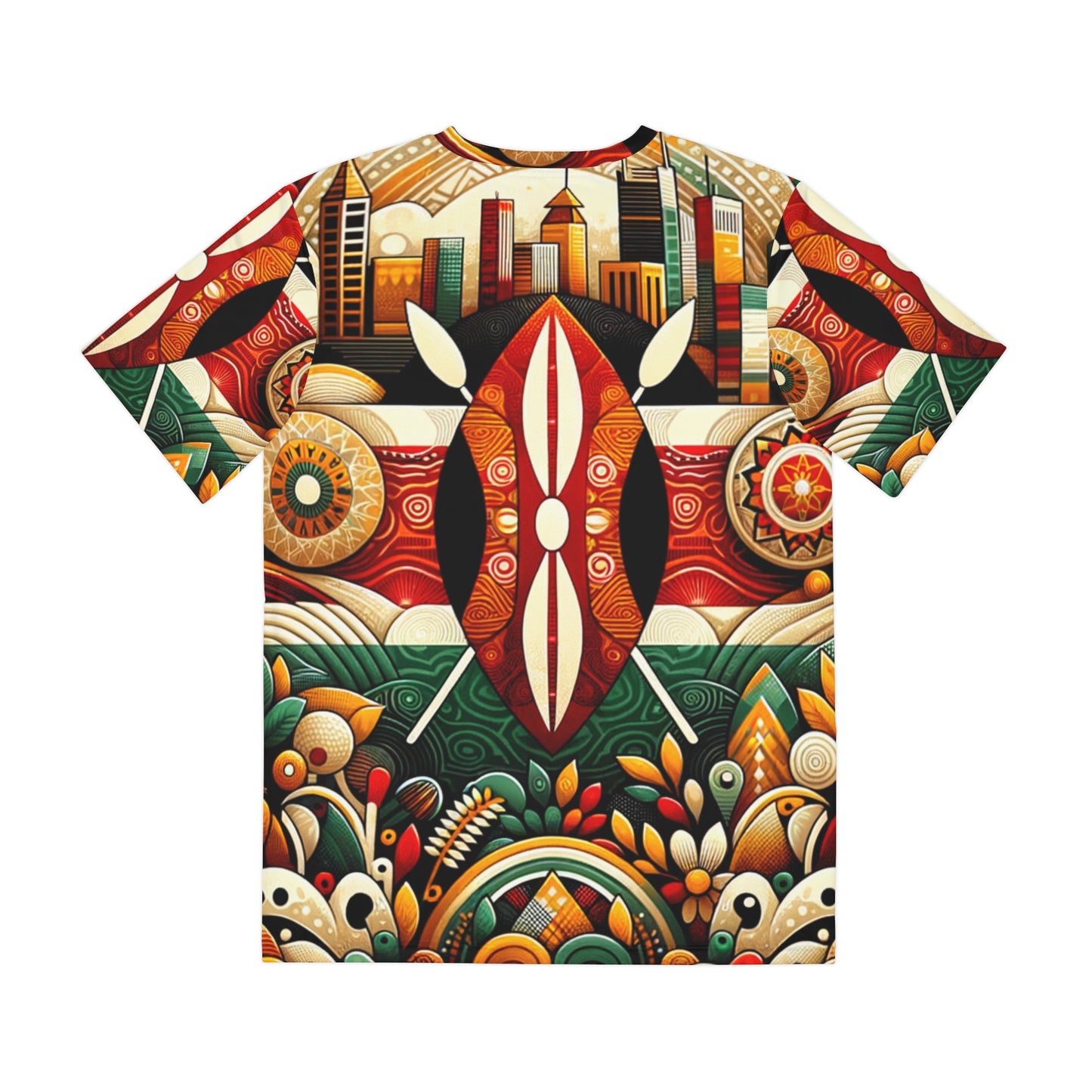 LuckeLadybug modern African inspired shirt with colorful tribal and cityscape patterns on short sleeve T-shirt
