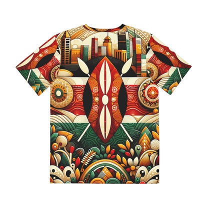 LuckeLadybug modern African inspired shirt with colorful tribal and cityscape patterns on short sleeve T-shirt