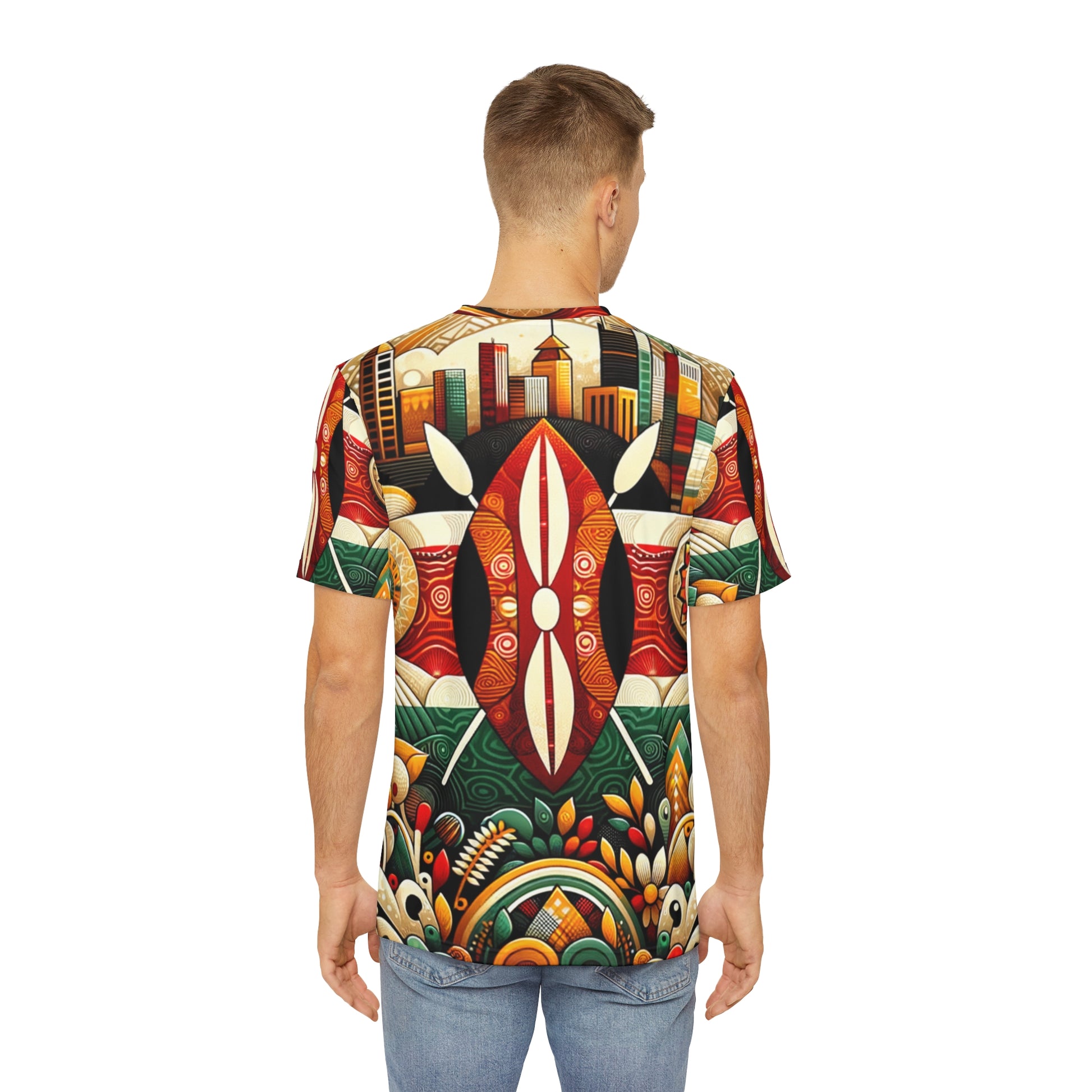 Back view of man wearing LuckeLadybug modern African inspired shirt with colorful abstract patterns