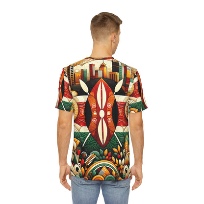 Back view of man wearing LuckeLadybug modern African inspired shirt with colorful abstract patterns