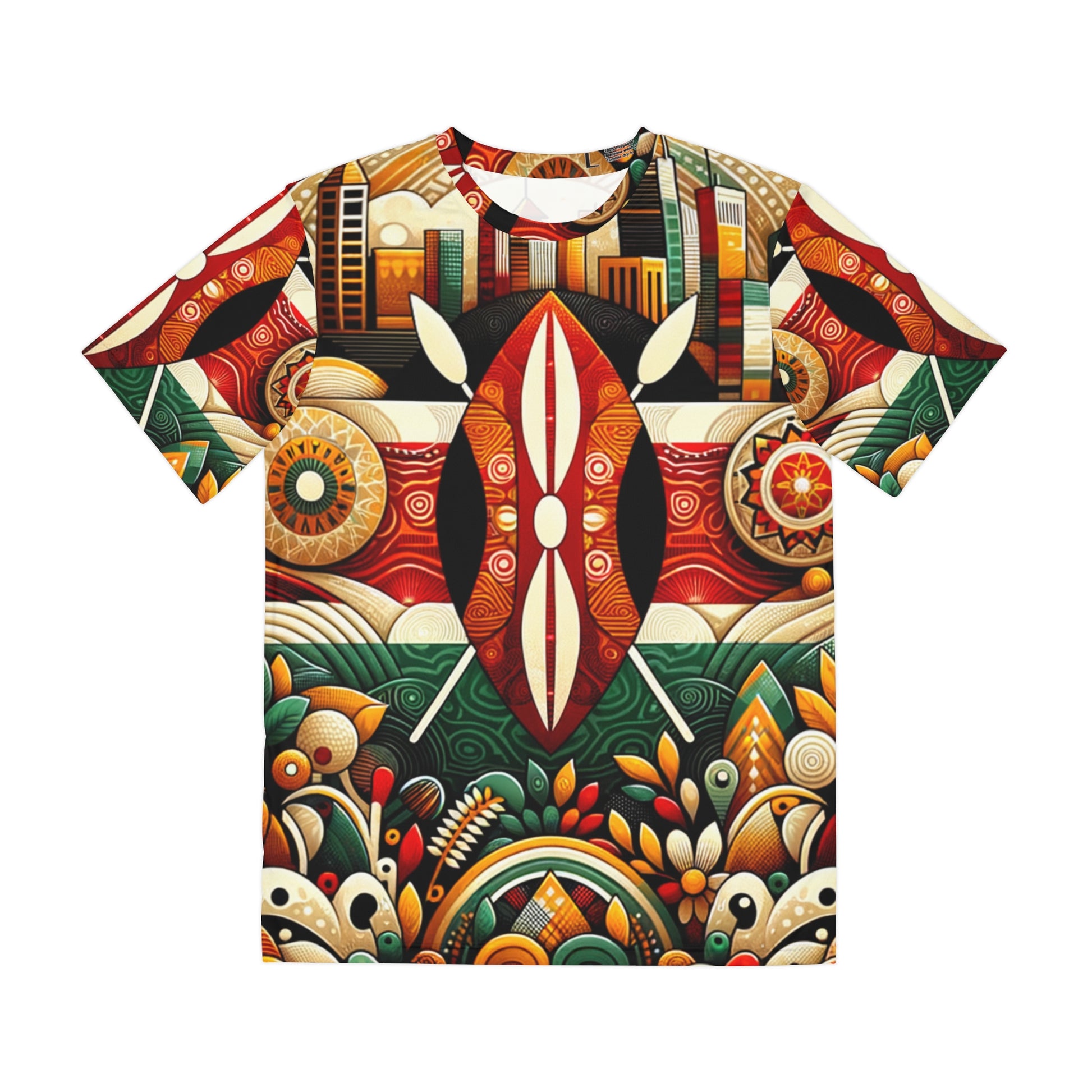 LuckeLadybug modern African inspired shirt with vibrant geometric and tribal patterns in red green and orange