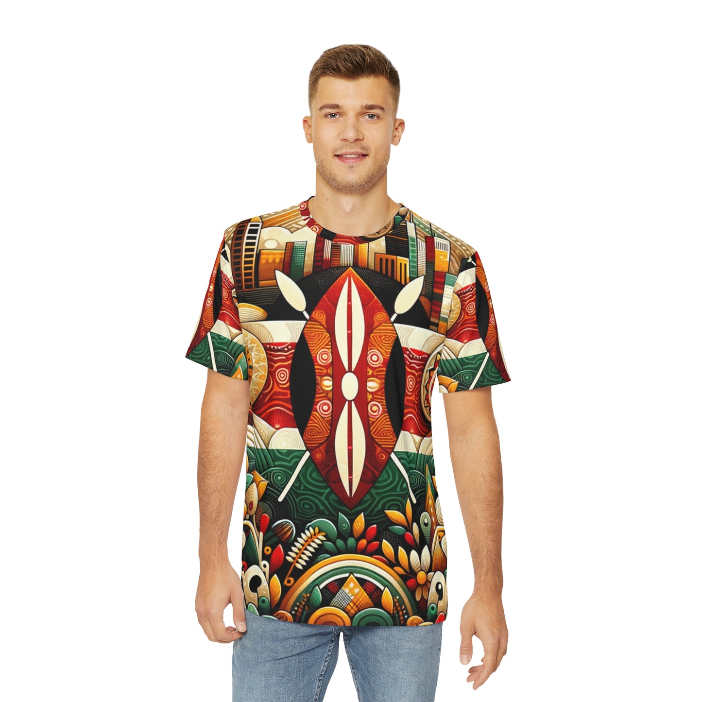 Modern African inspired shirt with vibrant tribal patterns worn by a smiling man